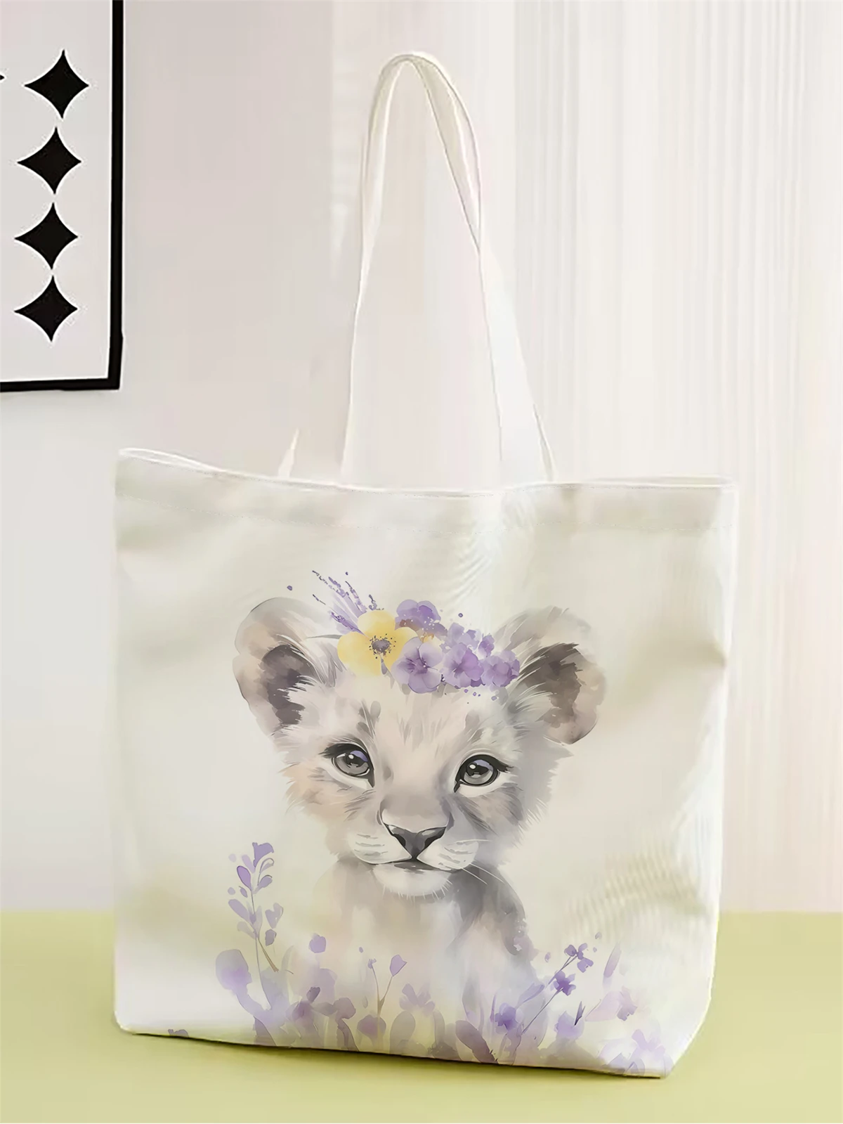 

1pc,oil painting lion handbag, reusable fashionable handbag, multifunctional handbag, printed canvas shopping bag