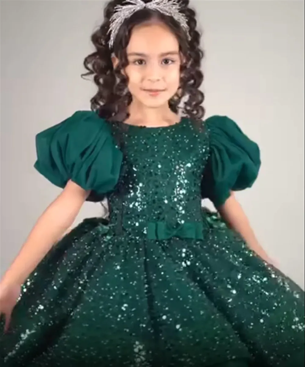 Abito da ragazza di fiore con paillettes verdi per matrimonio con fiocco al ginocchio Abito da festa di compleanno per bambina Abito da prima comunione personalizzato