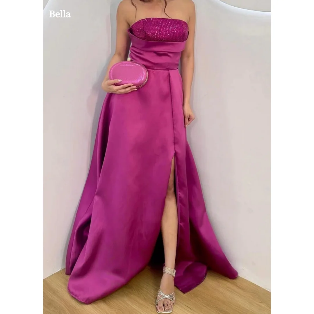 

Индивидуальный пошив вечернего платья Bella: длинное вечернее платье цвета фуксии без бретелек, с пайетками, из атласа, с разрезом по боку, для женщин.