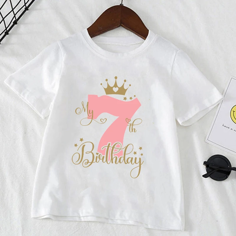 Kids T Shirt Birthday Numbers 1-10 Crown Shirt Summer Girls Birthday Tops White Short Sleeve Wild Tees Children Party Clothes