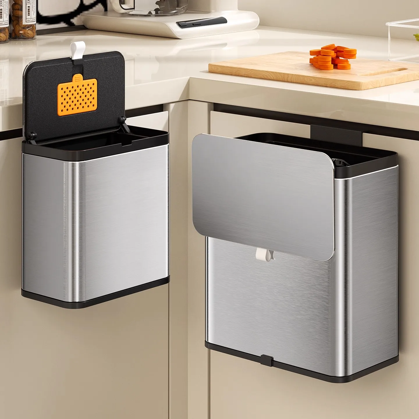 Large Capacity Stainless Steel Kitchen Bathroom Waste Bin Hanging Design High Aesthetic Value No Bending Required Home Use