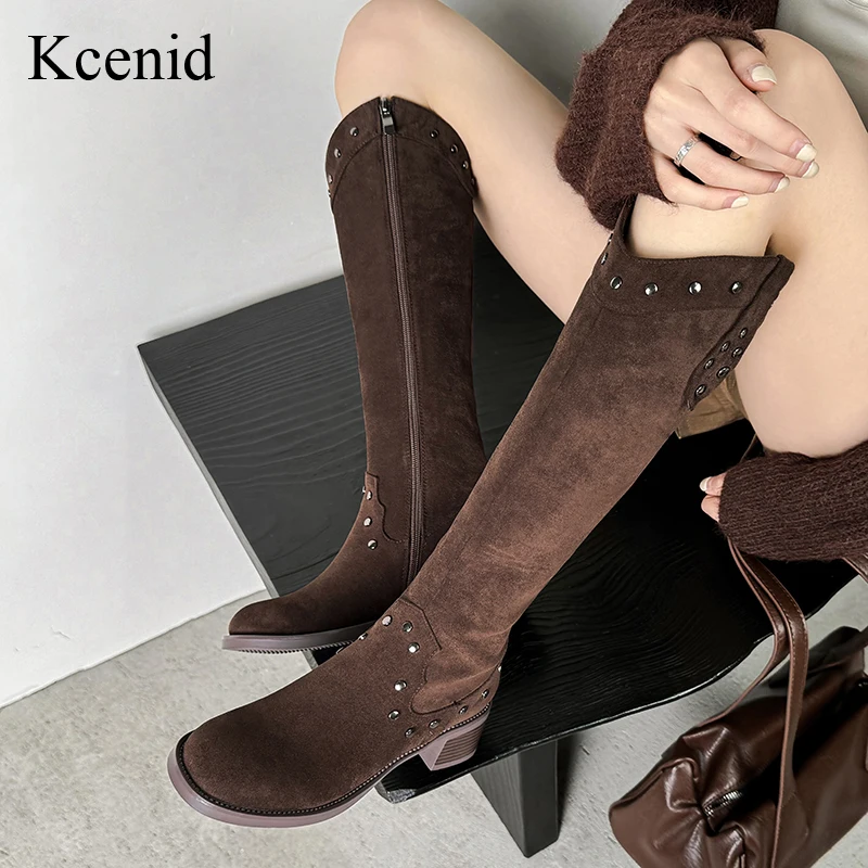 

Kcenid Women's Knee High Boots Zip Closure Rivet Detail Round Toe Square Heel Large Size 33-43 Autumn Winter Ladies Shoes Brown