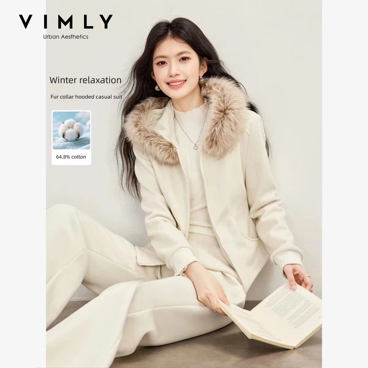 VIMLY Casual Two-piece Set Women 2026 Winter Fur Trim Hooded Jacket Elegant Flared Pants Outfit Fashion Female Clothing A7711