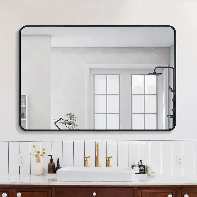 

Black Metal Rectangular Wall Mirror 30x40 Inch for Bathroom Decor