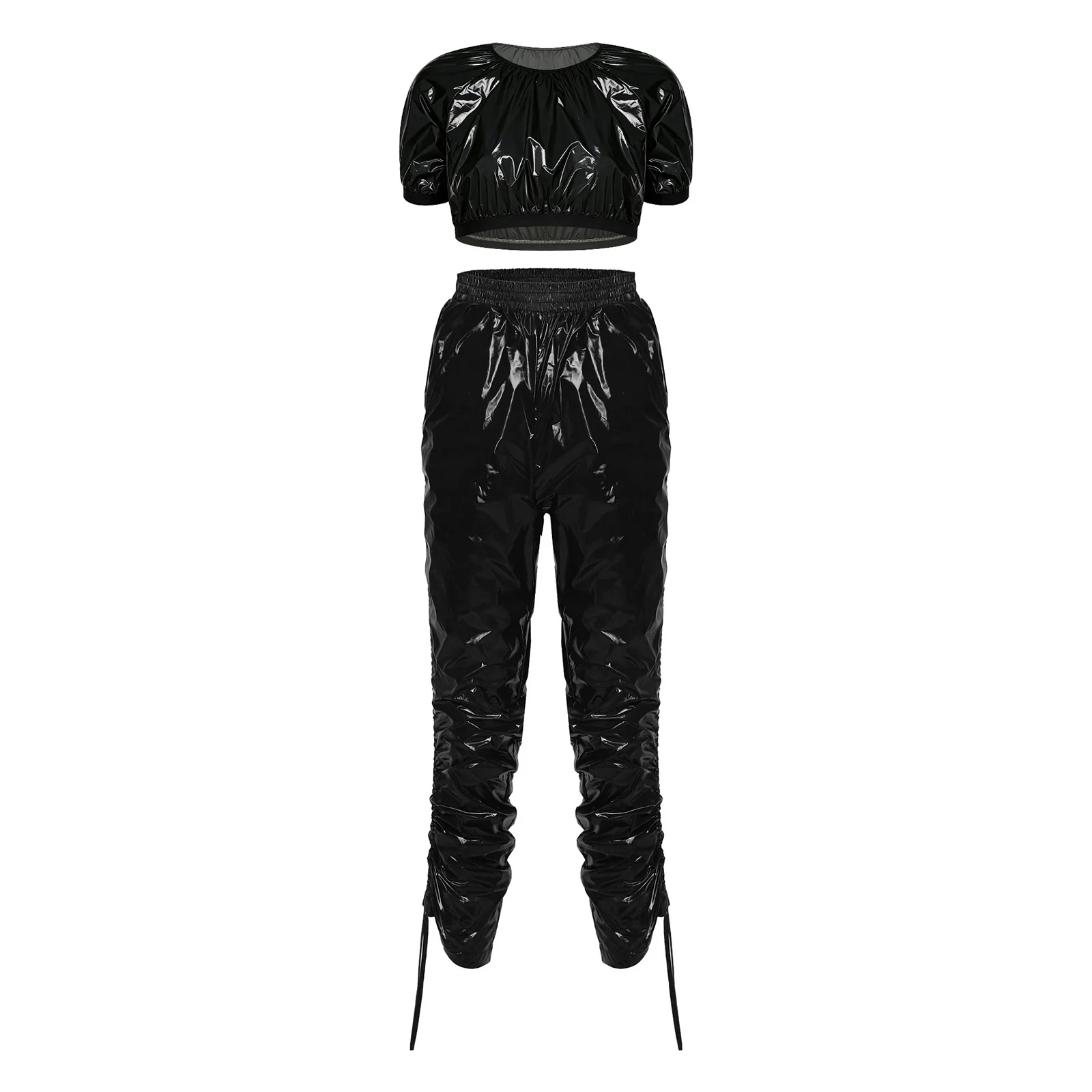 Womens Clubwear Sets Waterproof Glossy Outfit Short Sleeve Crop Top and Pants for Clubwear Dance Showcase Party Event Outfit