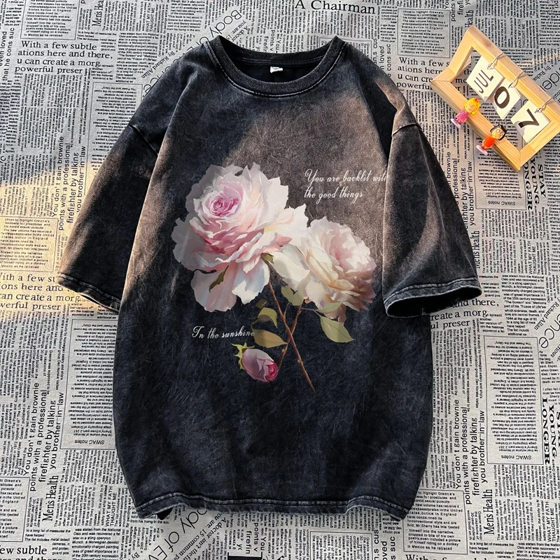 High street retro old washed short-sleeved T-shirt for men and women INS popularhip-hop loose flower print half-sleeved tee