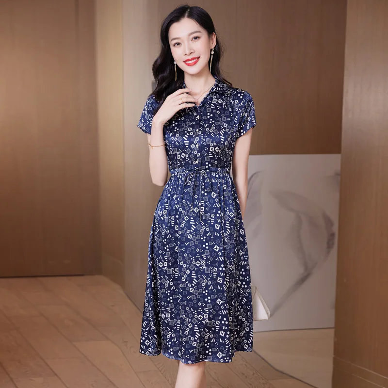 9528 Dress Women's 2024 Summer New Collar Lace-up Slimming Mid-Length Silk Shirt Skirt