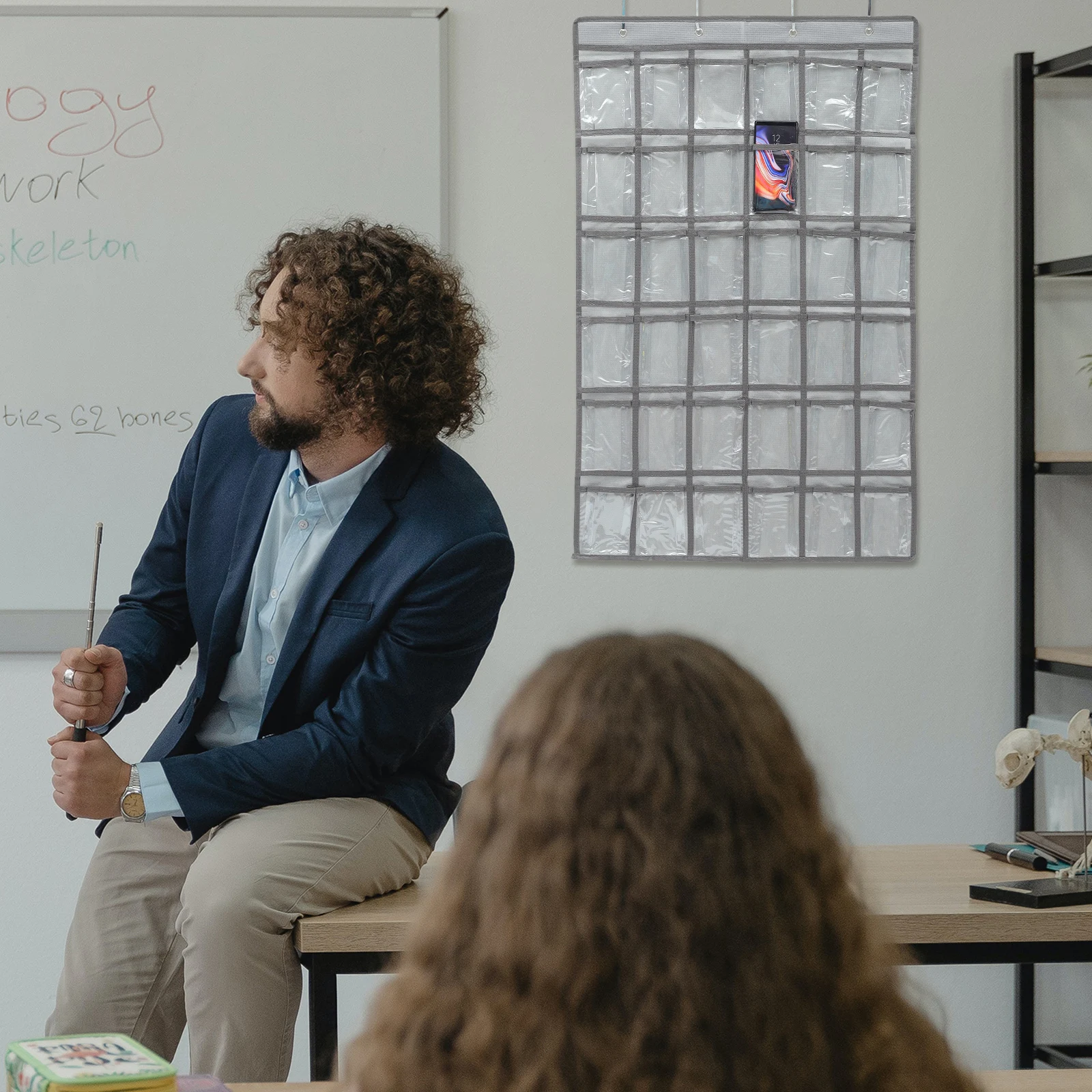 

4 Rings Hanging Cell Phone Storage Bag Non-Woven Fabric Pocket Chart Classroom Phone Holder Large Capacity Wall Door