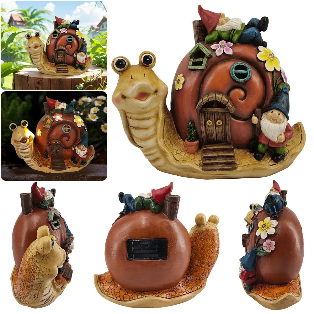 

Cute Snail Gnome Garden Gnome Statues with Solar Powered Lights Garden Sculptures Gnome Figurine for Yard Patio Lawn Ornaments