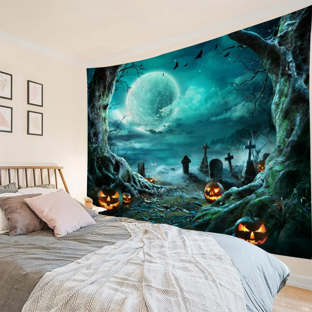 

Halloween tapestry pumpkin lantern skull bat psychedelic witchcraft wall hanging Halloween holiday background cloth blanket