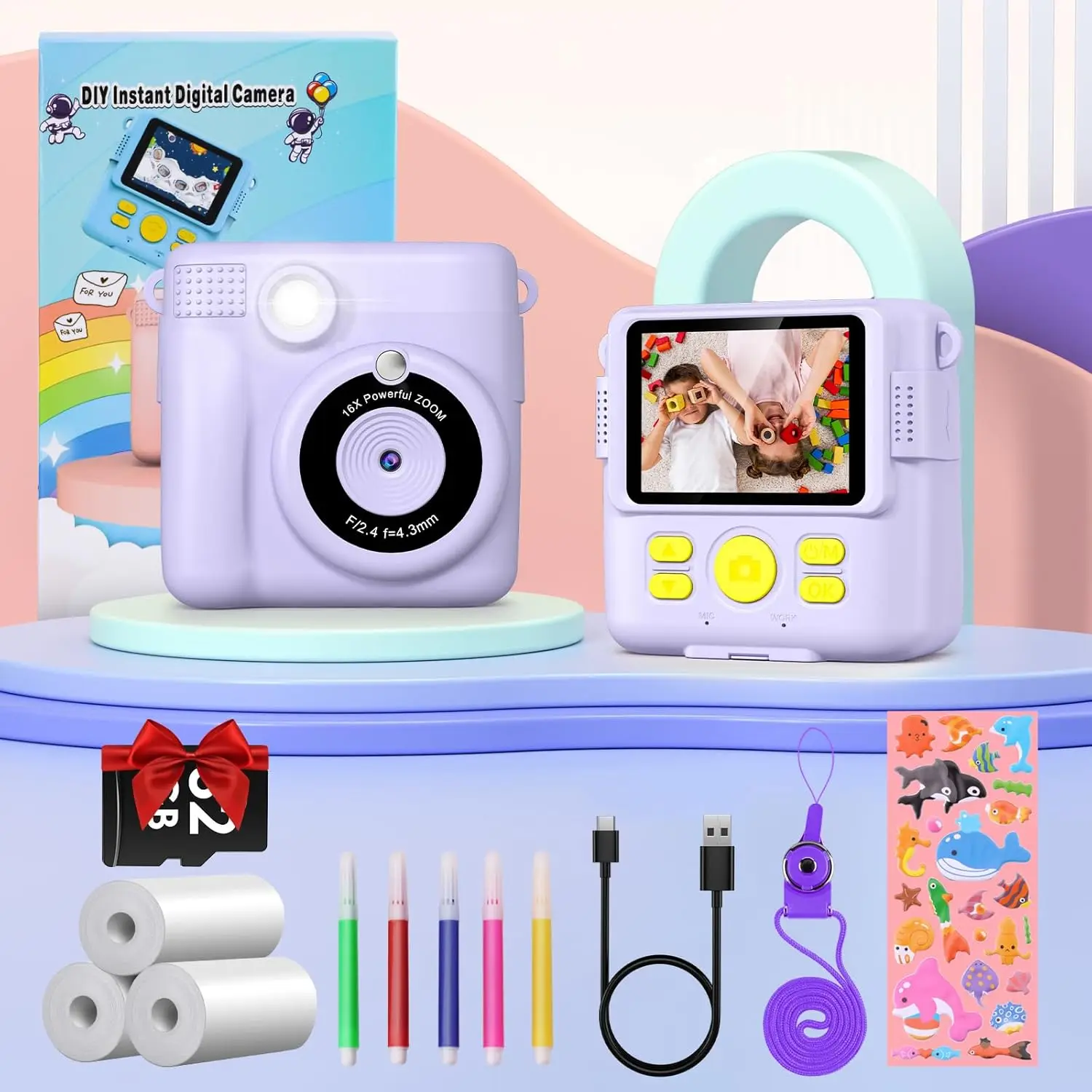 Gofunly Fotocamera a stampa istantanea per bambini Fotocamera digitale con stampa termica 2.4 "1080P Fotocamera giocattolo per 6-12 anni