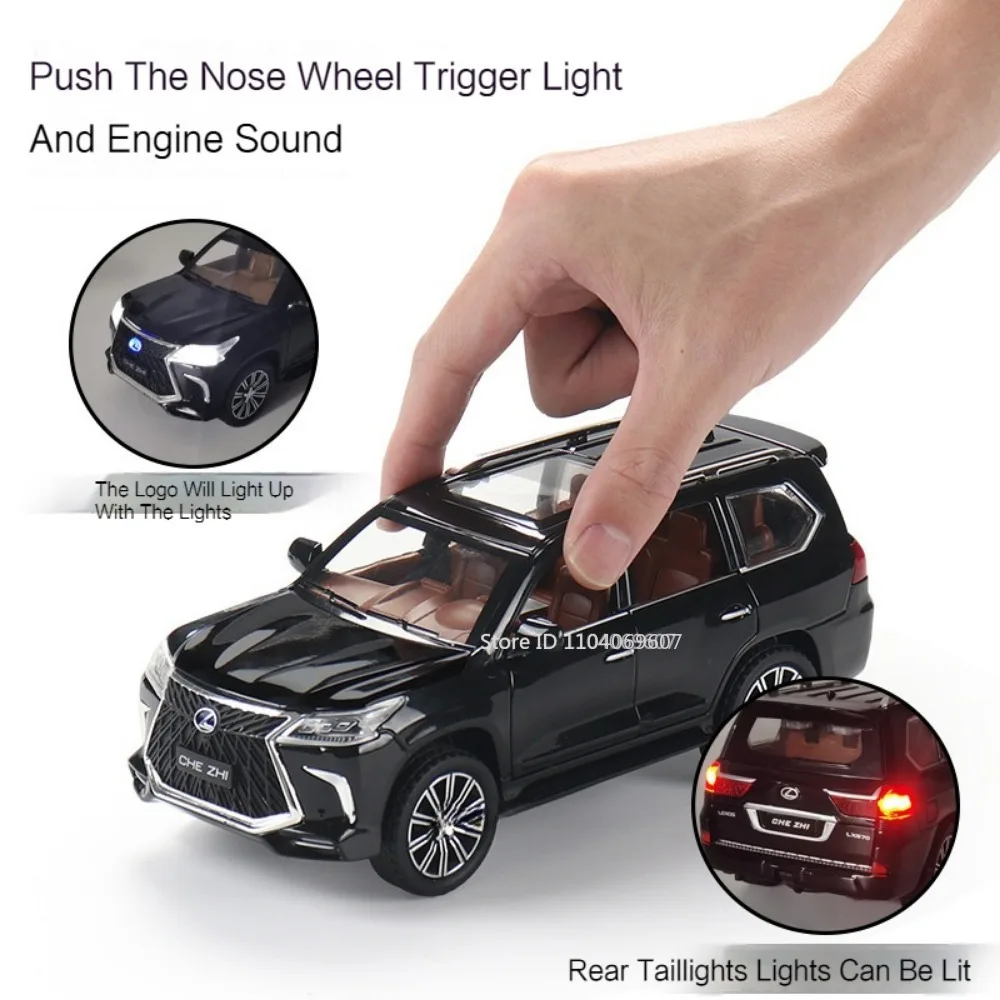 Suv lx570 modelo de carro utilitário, escala 1:24, modelo de carro, liga fundidos, portas, abertas, música, puxar para trás, veículos off-road, presentes para crianças