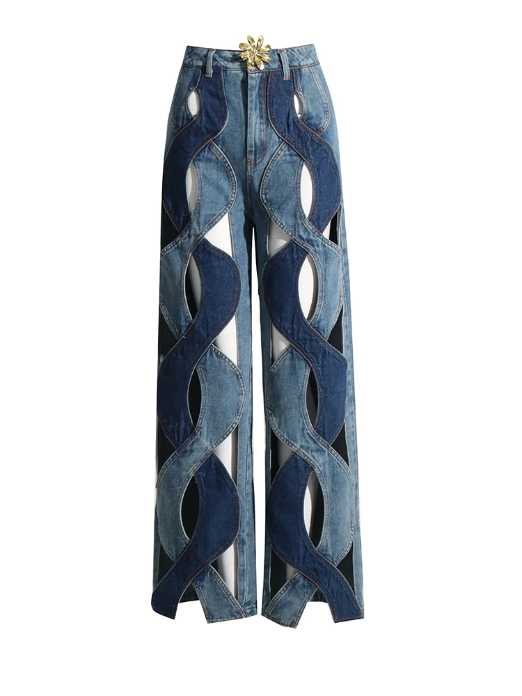 VGH Crisscross Colorblock scava fuori i pantaloni di jeans per le donne a vita alta Patchwork floreale Vintage Casual pantaloni larghi femminili