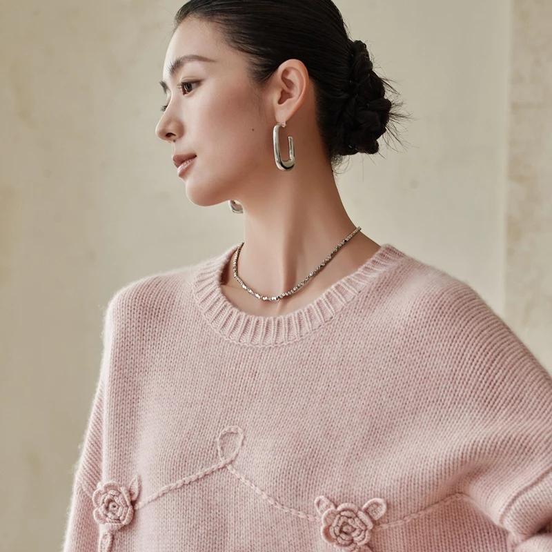 

00 Pure Camere Knitted Sweater Women's round Ne Floral Pattern Base Layer Warmth Autumn Winter New Arrival Faion Commute