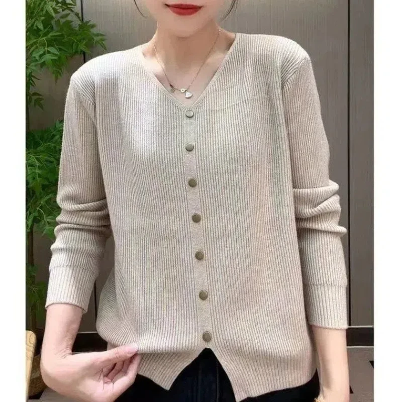 Spring Autumn Women's Clothing Solid Color Pullover Button Long Sleeve V-Neck Screw Thread Sweater Knitted Elegant Casual Tops