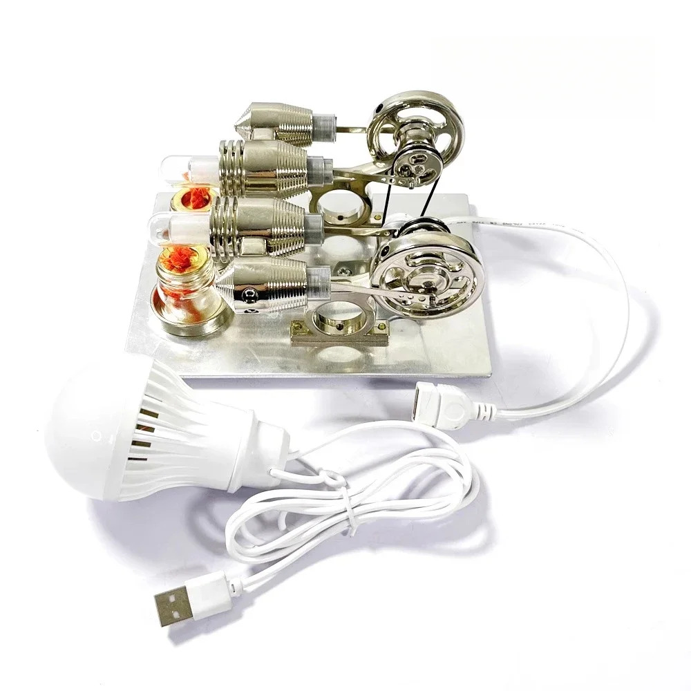 Twin-cylinder Stirling engine 12V power + LED lamp heated, can start the model