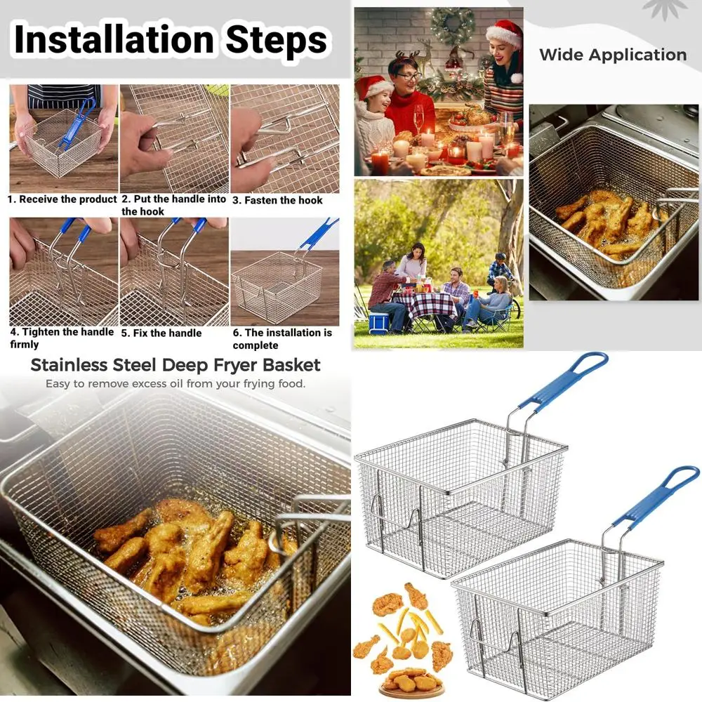 

Stainless Steel Deep Fryer Baskets with Non-Slip Handles, 11x7.9x5.7, Square Strainer for Home & Commercial Use
