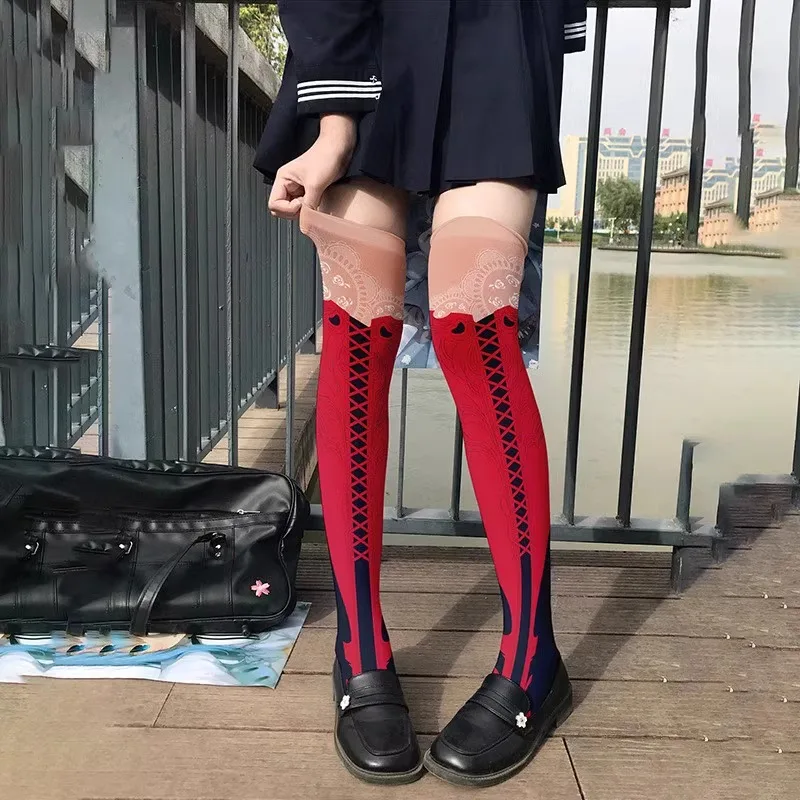 Trend Jirai Kei 3D Knee Socks Lace-up Element Printing American Streetwear Matching Stockings Creative Personalized Sock Female