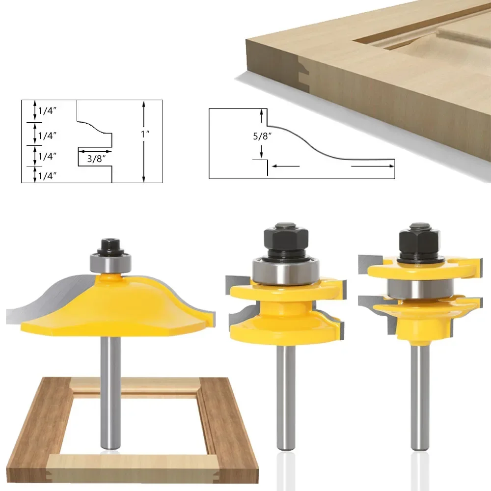 3PC/Set 1/4" 6.35MM 6MM Shank Milling Cutter Wood Carving Big Cabinet Rail & Stile Tenon Router Bit Door Cabinet Panel Raiser