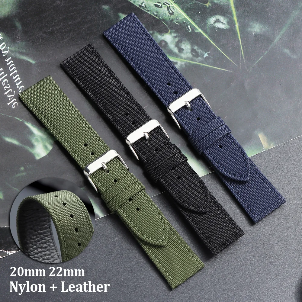 

Nylon Canvas and Leather Watch Band 20mm22mm Universal Watch Strap Black Green Blue Men Military Thin Bracelet Watch Accessories