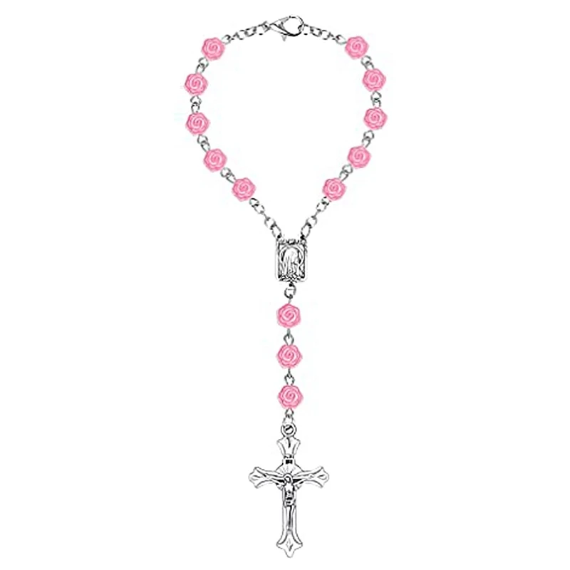 Plastic Rosary Bracelet Pink Beads Strand Catholic Cross Jewelry Car Handing For Men Women