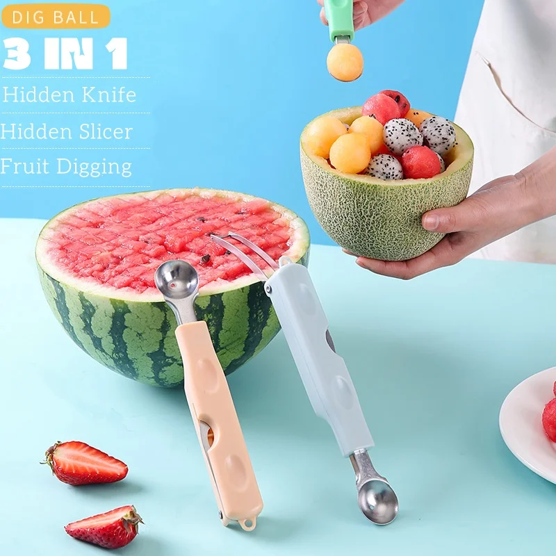 

3 IN 1 Multifunctional Digging Ball Spoon,Stainless Steel Fruit Slicer,Watermelon Eating Artifact,separate Flesh of Fruit