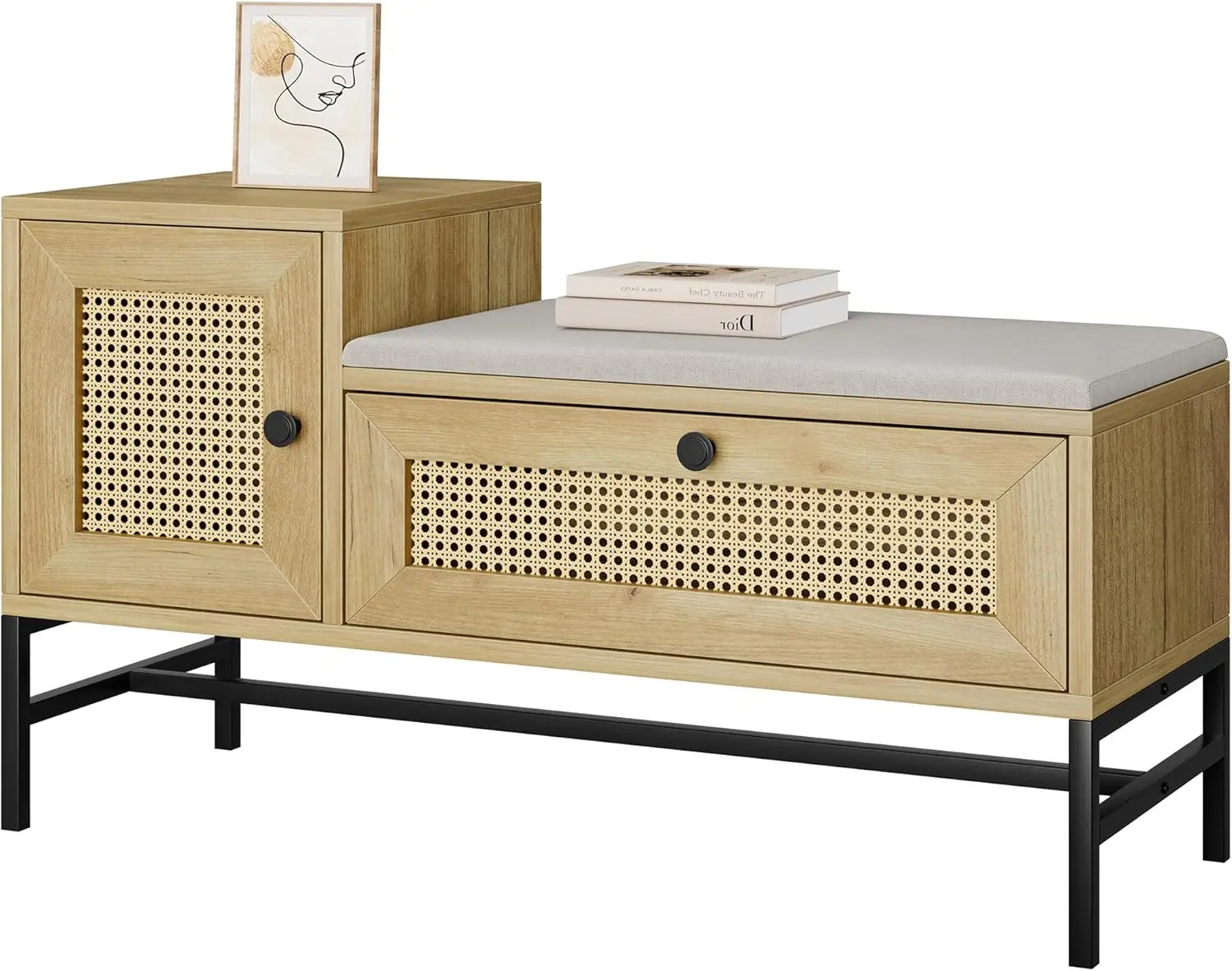 

Прихожая скамья-тумба из ротанга с ящиком для хранения и шкафчиком, деревянная скамья для хранения с льняной подушкой для сиденья, для прихожей