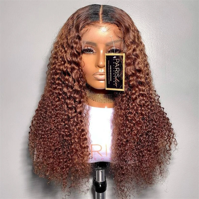 

Soft Glueless 180Density Ombre Brown Kinky Curly 26Inch Lace Front Wig For Black Women BabyHair Heat Resistant Preplucked Daily