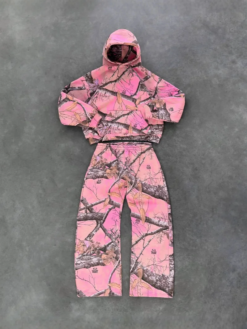 

Мужская женская толстовка с камуфляжным принтом розового листа в стиле ретро, повседневная уличная одежда, унисекс, толстовка большого размера