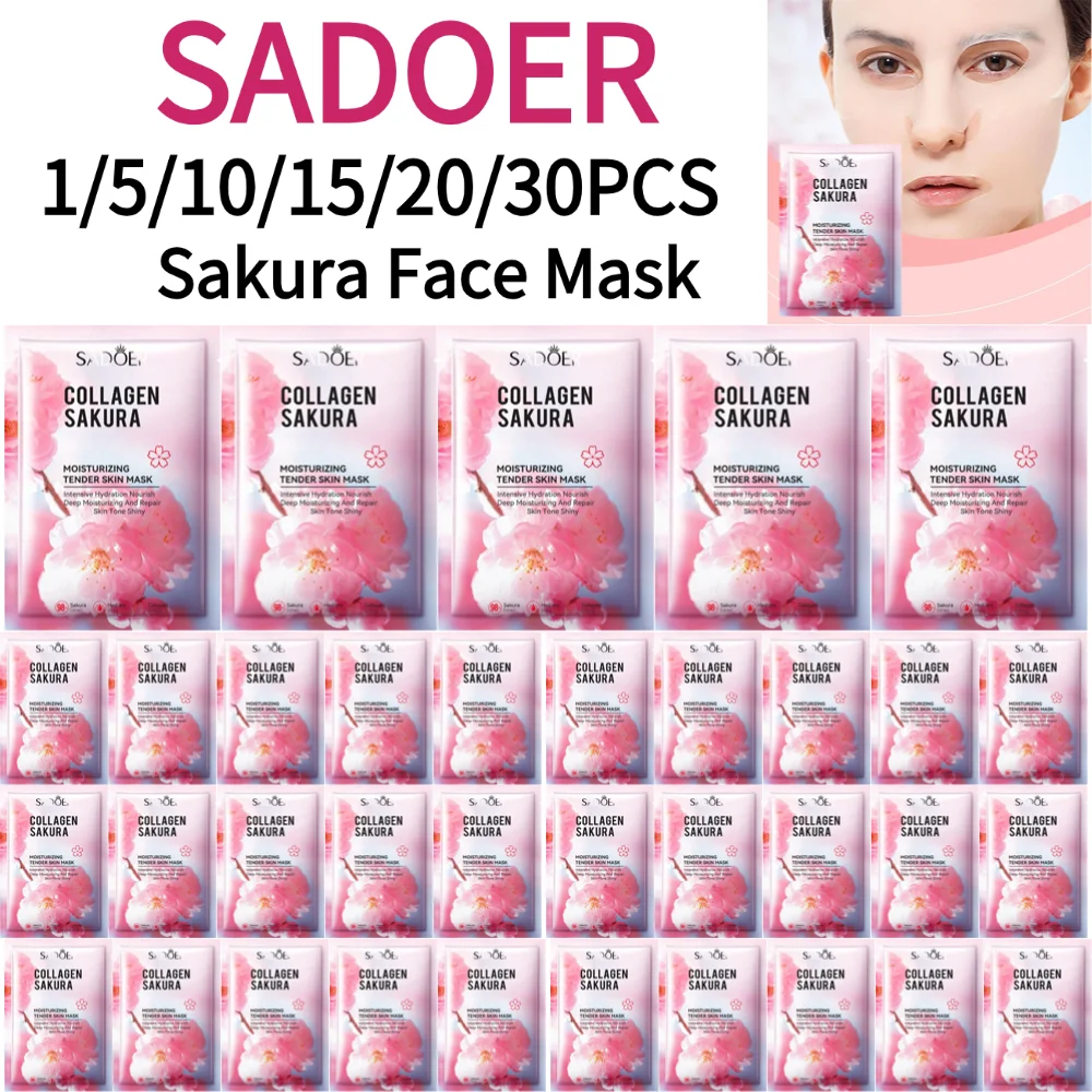 

SADOER 1/5/10/15/20/30PCS Sakura Face Mask Facial Skincare Moisturizing Brightening Hydrating Firming Collagen Face Sheet Mask