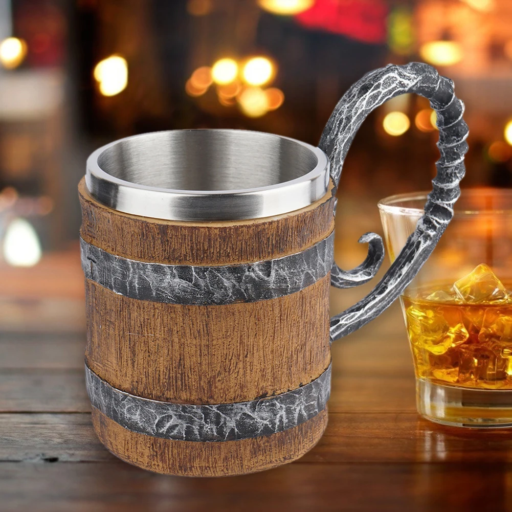 Wooden Barrel Mug Resin Stainless Steel Barrel Coffee Cup Water Bottle Viking Style Double Wall Beer Jug for Bar Drinkware Decor