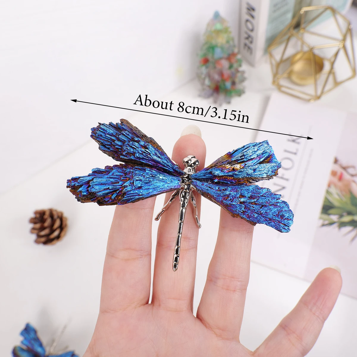 حجر كريستالي تورمالين أسود طبيعي ، ريشة اليعسوب ، لهب أزرق ، ديكور حيوانات تصنعه بنفسك ، بيع بالجملة ، 1 line