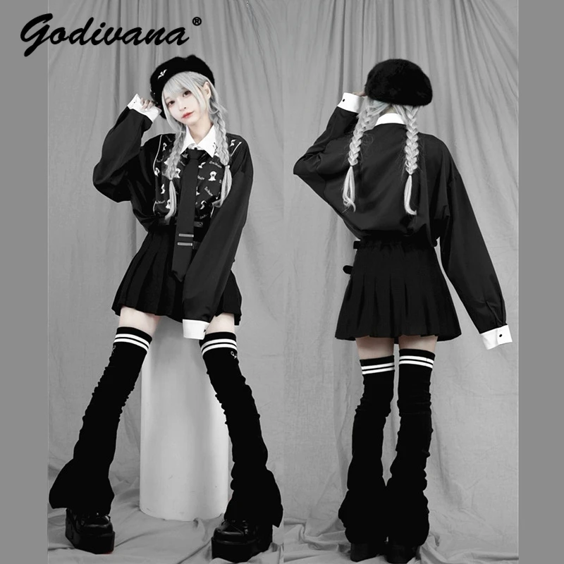 Japanese Mine Harajuku Cartoon Print Tie Black and White Long-sleeved Shirt Subculture Goth New Autumn Women's Loose Blouses