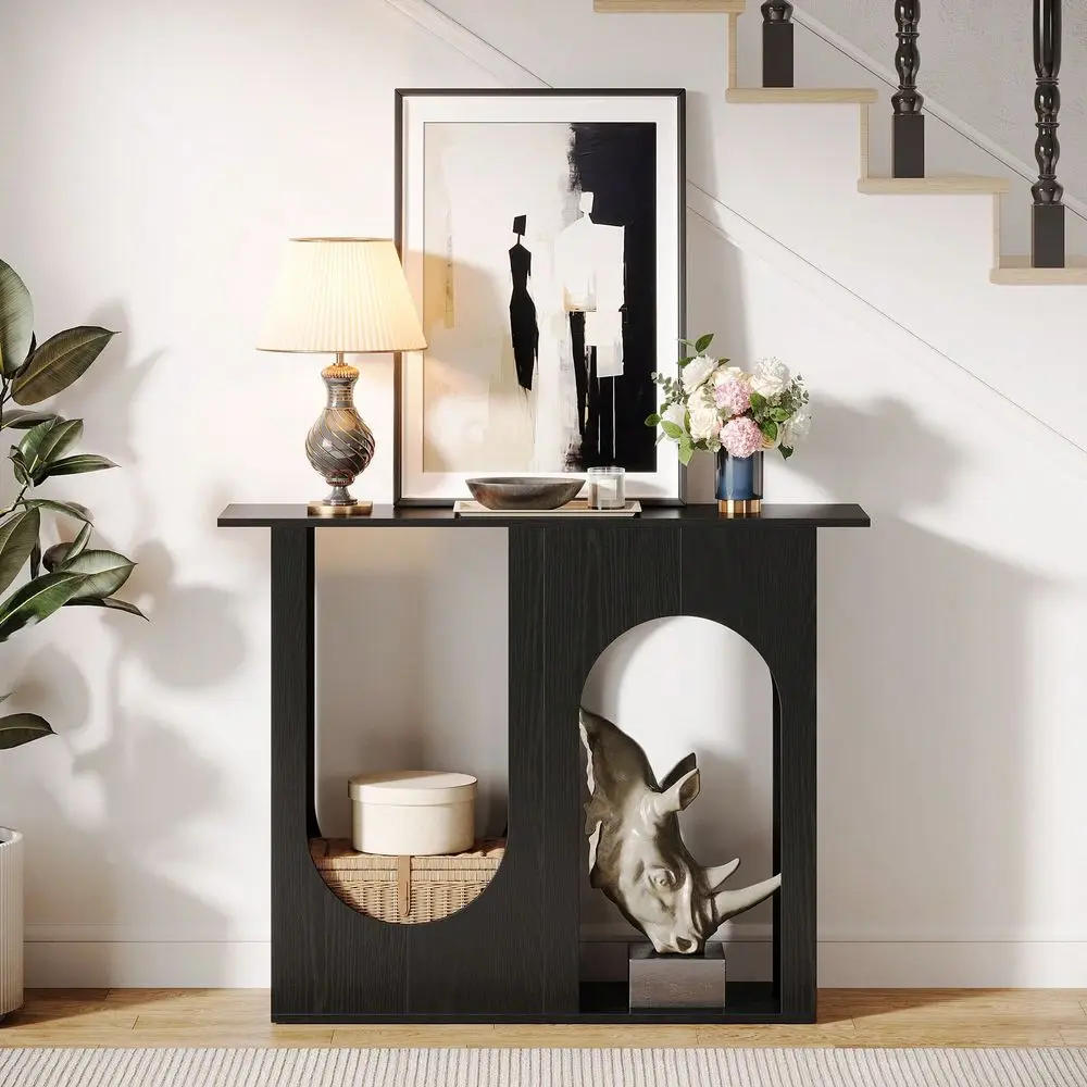 39.4 Black Console Table, Narrow Sofa Table Behind The Couch With Arched Design, Modern Foyer Console For Entrance, Hallway, Li