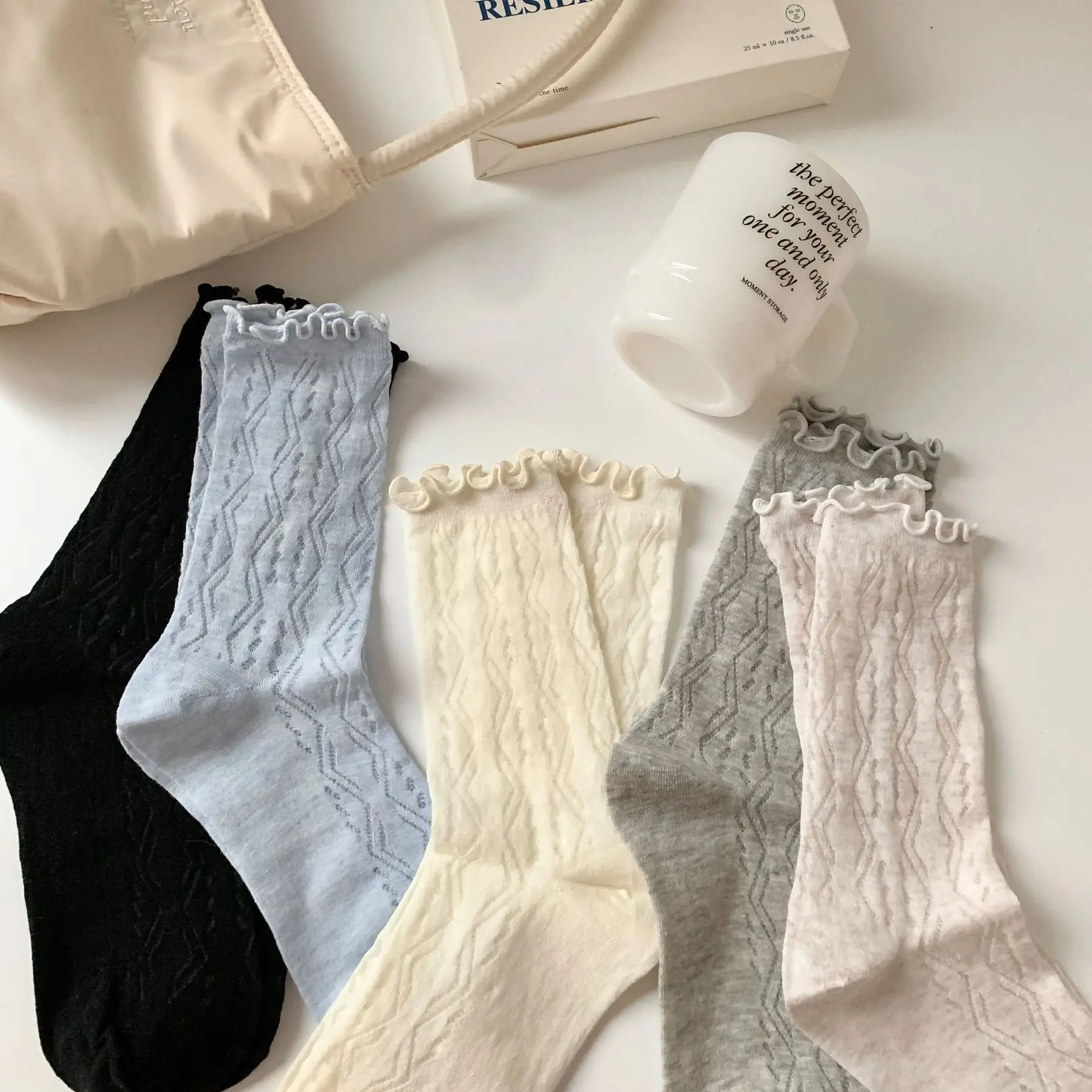 3/6 Pairs 2024 New Women's Summer Mesh Breathable Cotton Thin Socks Solid Color Middle Tube Socks Wooden Ear Edge Women's Socks