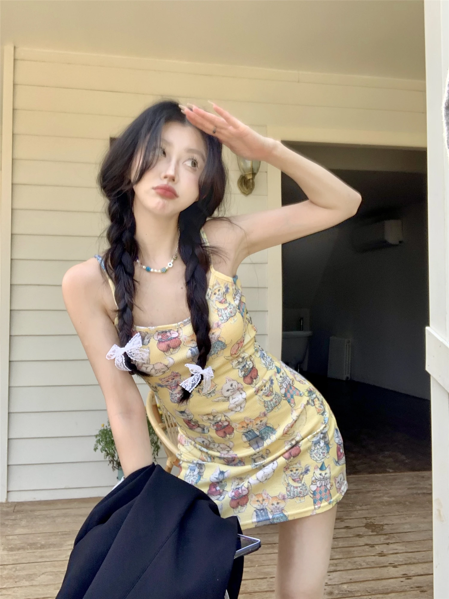 

Garden Party Cute Kitten Cute Animal Print Stretch Strap Dress With Hip Wrap