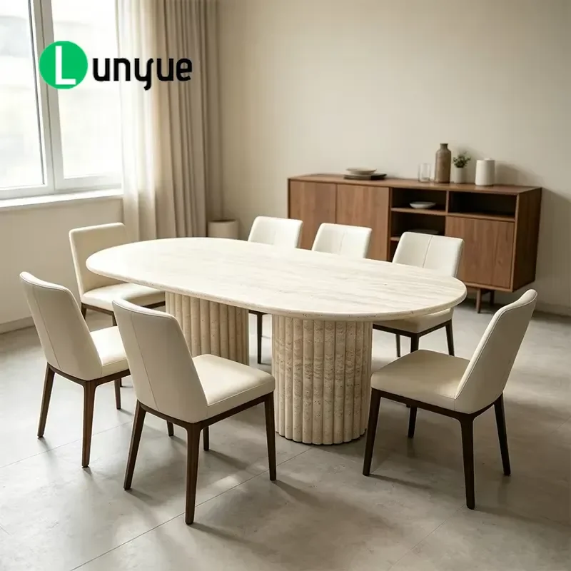 Natural Limestone Oval Dining Table 183cm Double Base with Groove Large Family Stone Table for Living Room Villa Furniture