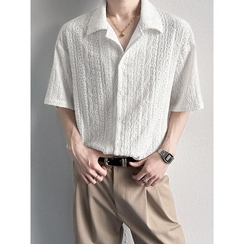 

Casual Fashion 2026 Summer New Streetwear Cutout Cuban Collar Short Sleeve Shirt Men Plus Size Men's Clothes