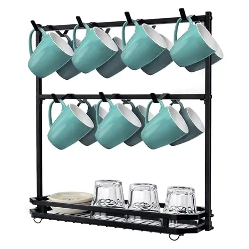

Black Two-Level Metal Mug Organizer With 14 Hanging Hooks And Drainage Tray For Kitchen Countertop Storage