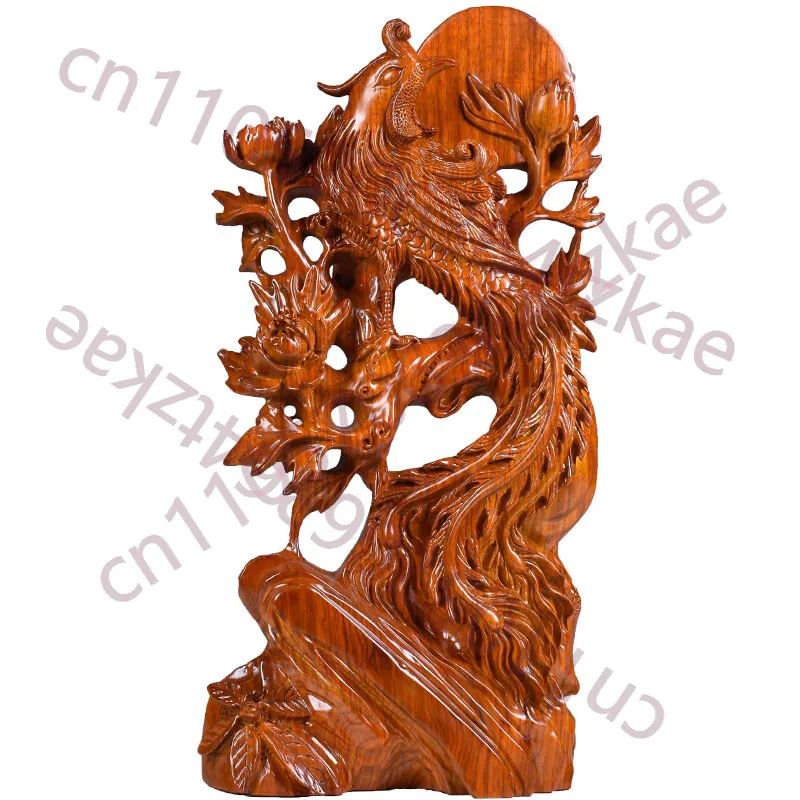 

7.8" Rosewood Carved Chinese Phoenix Statue Blossoming Sculpture Feng Shui Decor