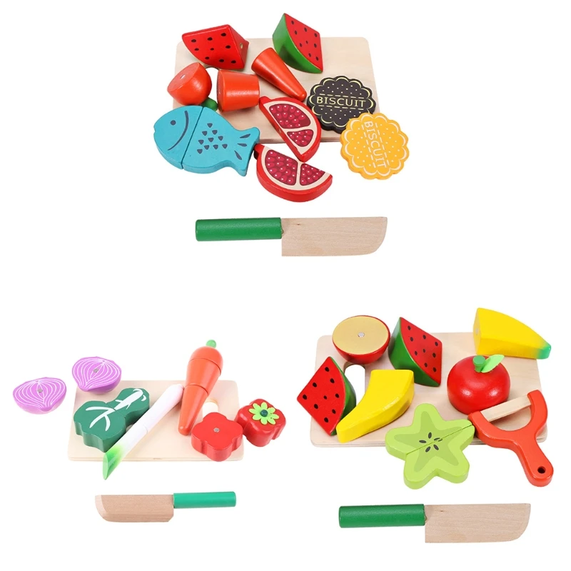 

F19F Realistic Kitchen Playset Pretend for Play Toy Figure Vegetable Fruit Wooden Cooking Toy Matching Game Learning Gi