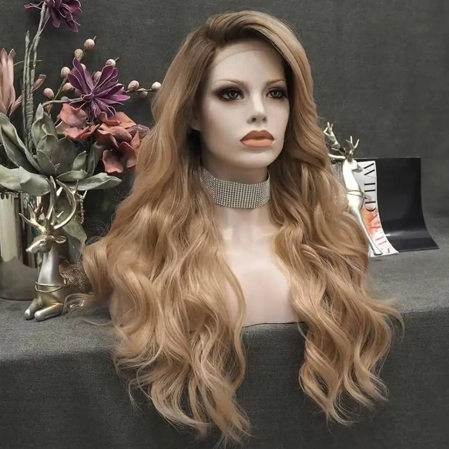 

Long loose Wave Wigs Omber honey Brown Synthetic Lace Frontal Wigs For Women High Quality 13*4HD Cheap Wig On Clearance Top Sale