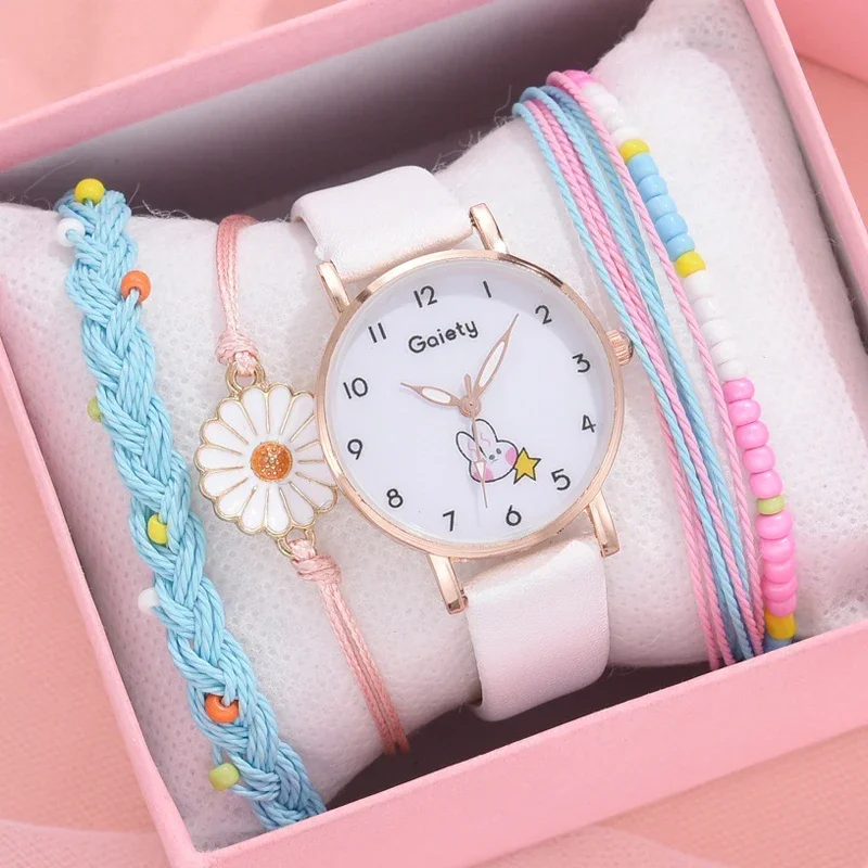 5Pcs New Women Watch Bracelet Set Leather Cute Rabbit Girls Wristwatch Fashion Ladies Quartz Clock Reloj Mujer Students' Gift