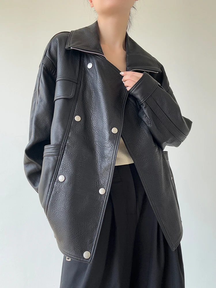 Kurtki motocyklowe damskie ze skóry naturalnej vintage na jesień i zimę 2025, nowe, luksusowe, proste, luźne, typu bubble, z prawdziwej skóry owczej.