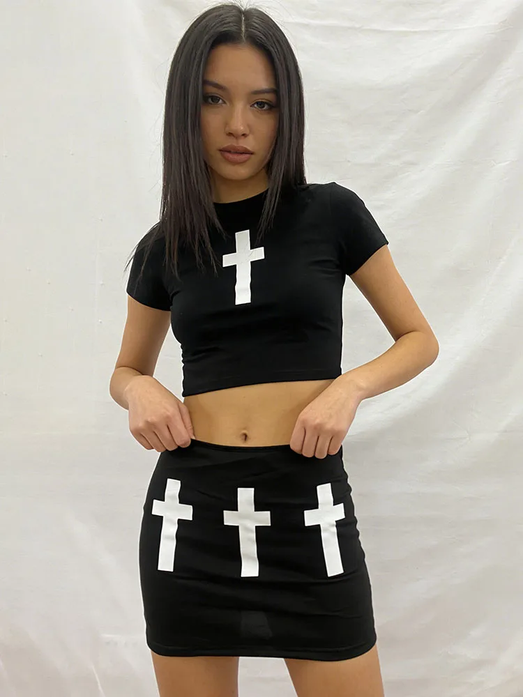 Grunge Alt Fashion Cross Print Bodycon Skirt Women Y2K Black High Waist Slim Fit Mini Skirt E-girl Casual Street Party Wear