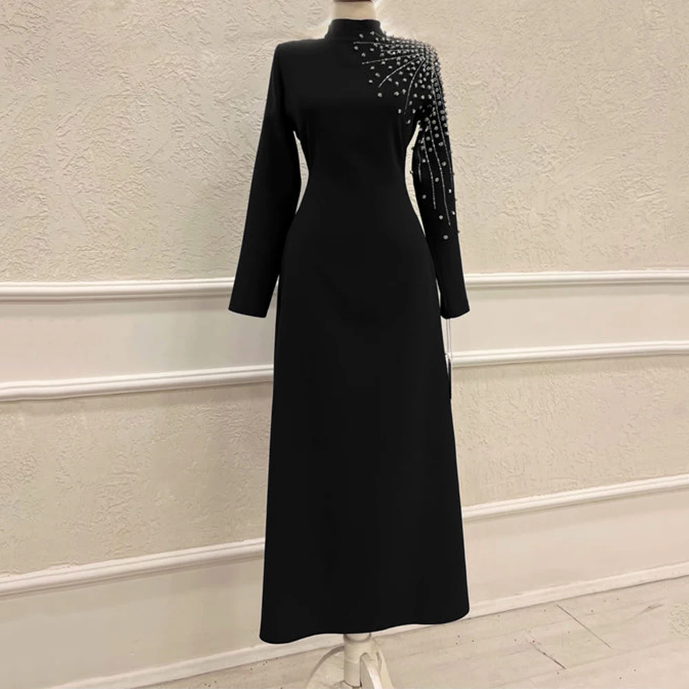 Elegant Black Mother of the Bride Dress High Neck And Long Sleeve with Beading A-Line Ankle Length for Wedding Party Guest