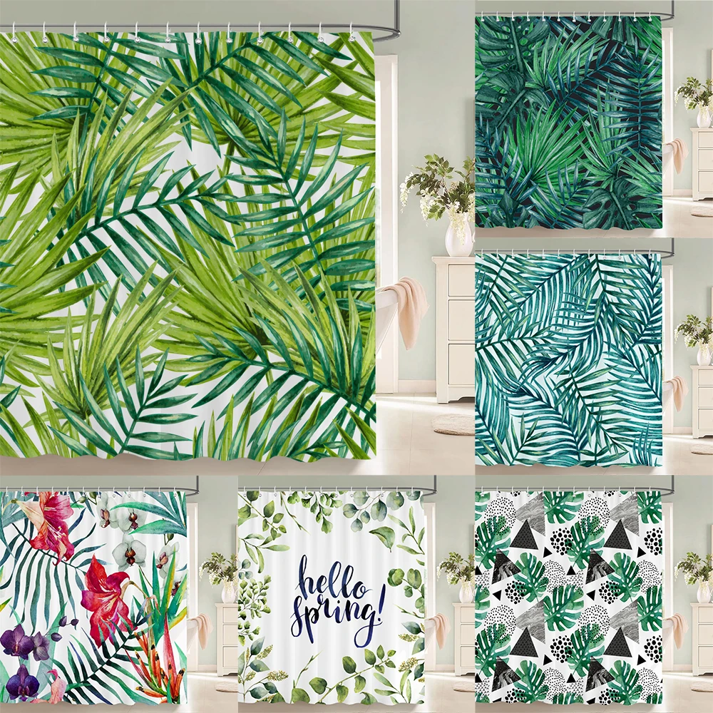 

Занавеска для душа с изображением тропических растений и зеленых листьев, с крючками, из водонепроницаемой ткани, с изображением пальм монстеры, декор для ванной комнаты