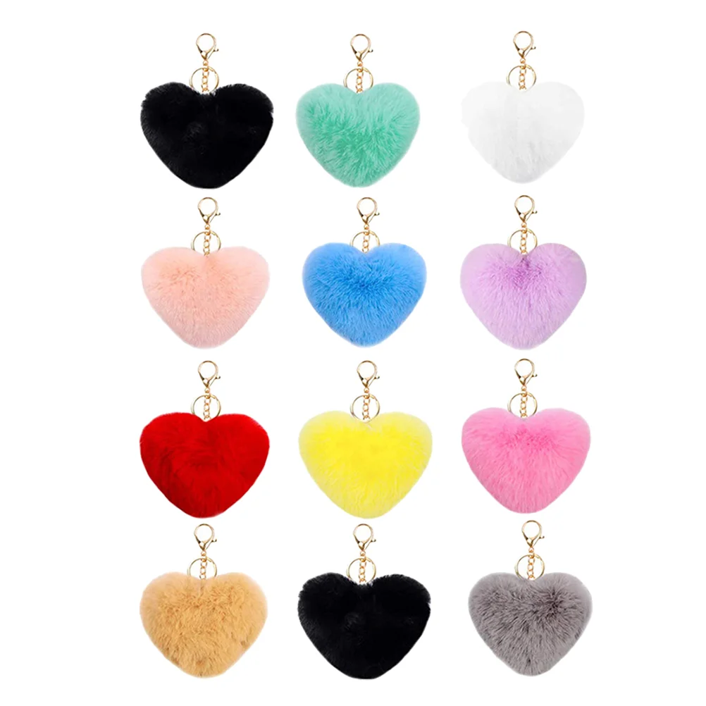 12 Pcs Love Mao Ball Keychain Backpack Pendant Plush Keychains Ring Fluffy Decorative Heart Artificial Fur Adorable Pom Miss