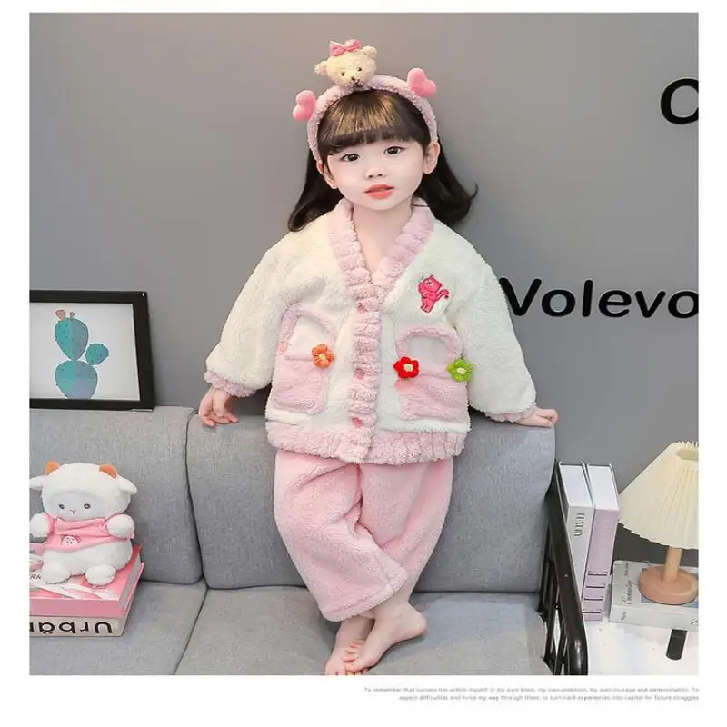

Осенне-зимний пижамный комплект из кораллового флиса для девочек, теплая домашняя одежда ярких цветов, домашняя одежда, удобная детская одежда для детей от 7 до 12 лет