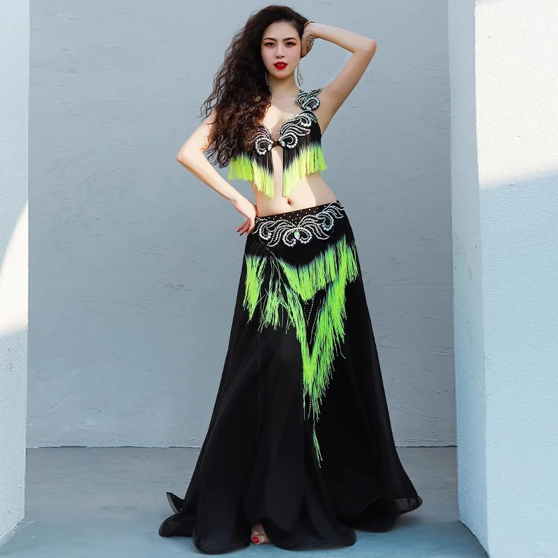 

Opening Dance Women Drum Solo Dance Competition Belly Dance Costume Oriental Dance Beaded Bra Irregular Skirt with Long Fringes